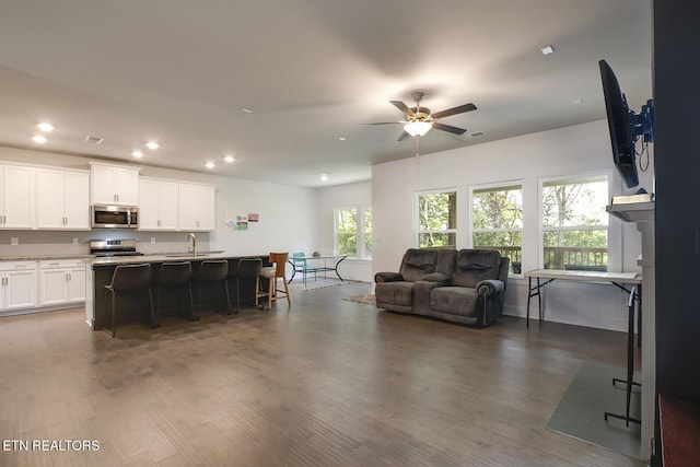 living room with ceiling fan, a healthy amount of sunlight, dark hardwood / wood-style flooring, and sink