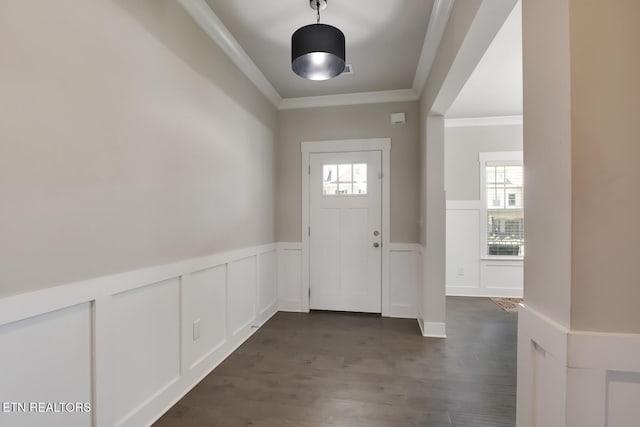 entryway featuring dark hardwood / wood-style flooring, a wealth of natural light, and ornamental molding