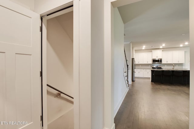 corridor featuring sink and dark wood-type flooring