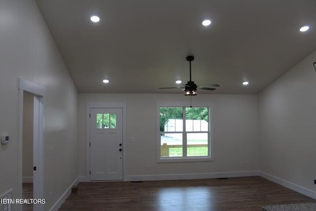 entryway featuring ceiling fan, dark hardwood / wood-style floors, and a wealth of natural light