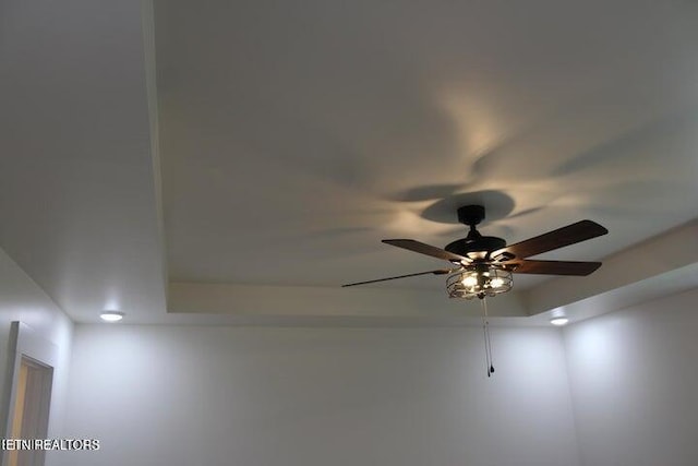 interior details with a raised ceiling and ceiling fan