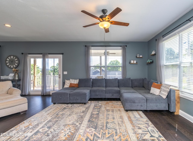 living room with ceiling fan, dark wood-type flooring, and a wealth of natural light