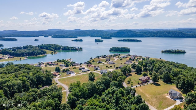 drone / aerial view with a water and mountain view