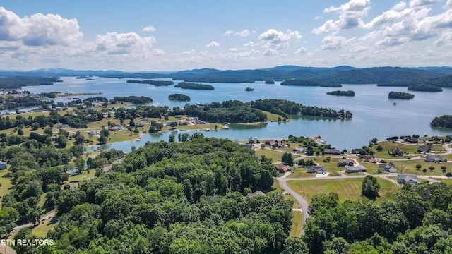 drone / aerial view with a water and mountain view