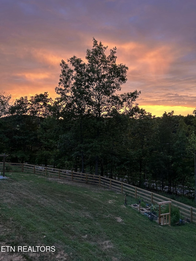 yard at dusk featuring a rural view