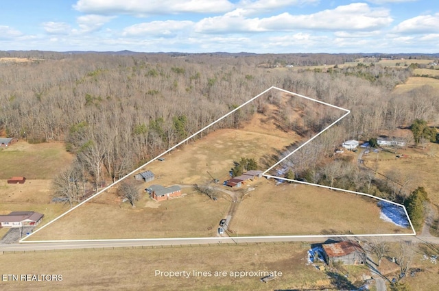 aerial view featuring a forest view and a rural view