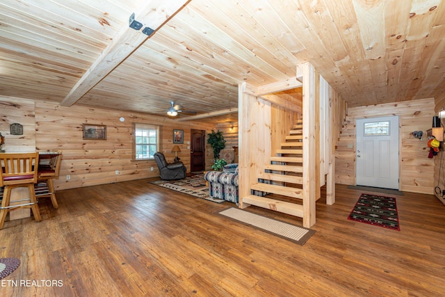 interior space with wooden ceiling, ceiling fan, log walls, beam ceiling, and wood-type flooring