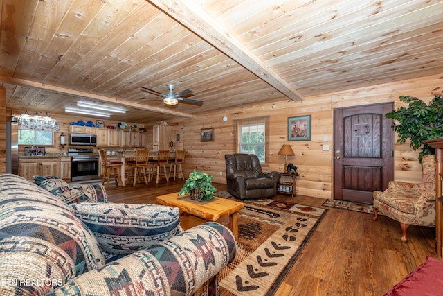 living room featuring beamed ceiling, wood-type flooring, wood ceiling, and rustic walls