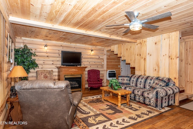 living room with log walls, hardwood / wood-style floors, beamed ceiling, and wood ceiling