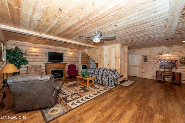 living room featuring wooden ceiling, ceiling fan, log walls, beamed ceiling, and wood-type flooring