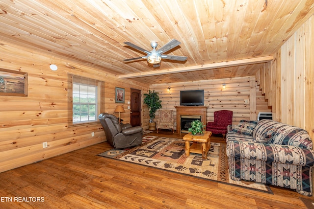 living room featuring ceiling fan, log walls, wood ceiling, and wood-type flooring