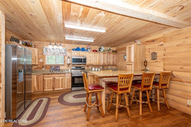 kitchen featuring rustic walls, wooden ceiling, stainless steel appliances, and light hardwood / wood-style floors