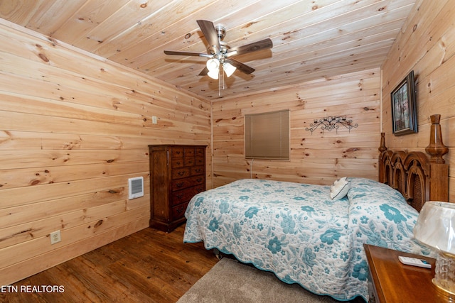 bedroom featuring wooden ceiling, ceiling fan, wood-type flooring, and wood walls