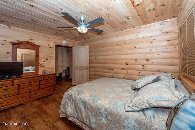 bedroom with dark wood-type flooring, ceiling fan, rustic walls, wood ceiling, and a closet