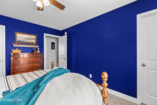 bedroom featuring carpet flooring and ceiling fan