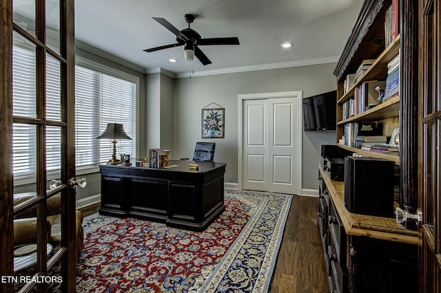 office space featuring ceiling fan, dark hardwood / wood-style flooring, and ornamental molding