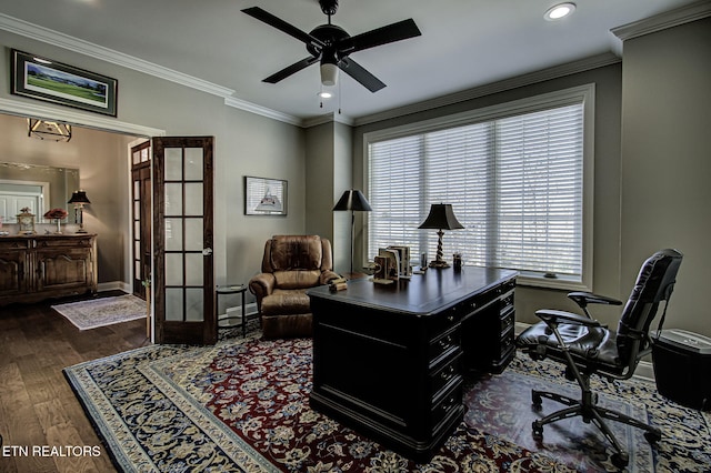 office featuring ceiling fan, dark hardwood / wood-style flooring, crown molding, and french doors