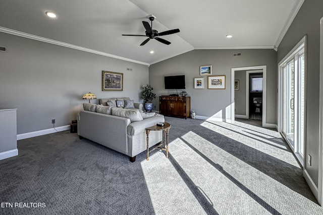 carpeted living room with ornamental molding, ceiling fan, and lofted ceiling