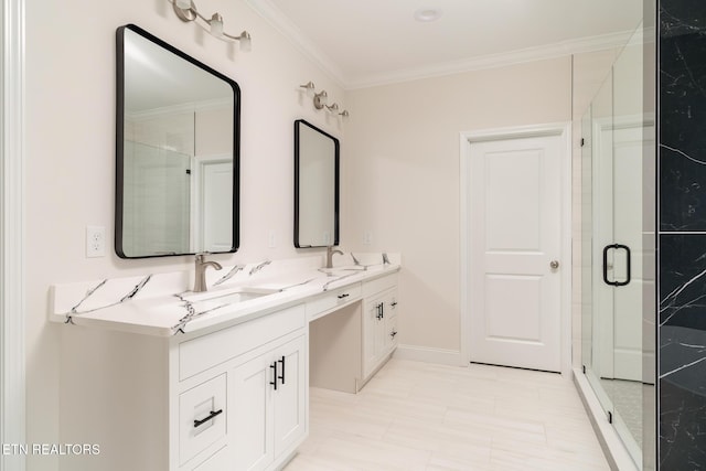 bathroom featuring tile patterned flooring, vanity, an enclosed shower, and ornamental molding