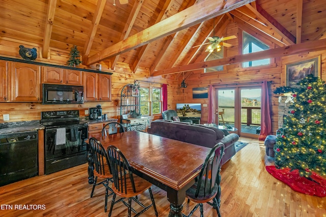 dining area with a healthy amount of sunlight, beam ceiling, wooden walls, and wooden ceiling