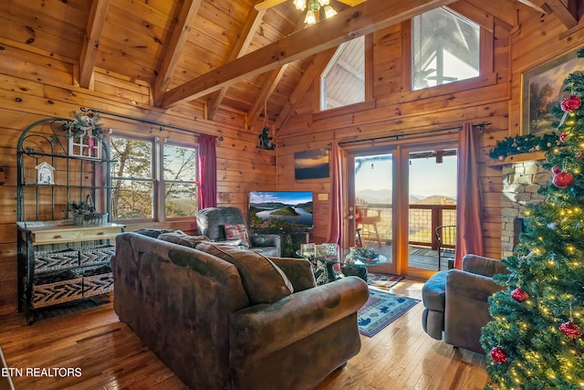 living room featuring wood walls, wood ceiling, high vaulted ceiling, beam ceiling, and wood-type flooring