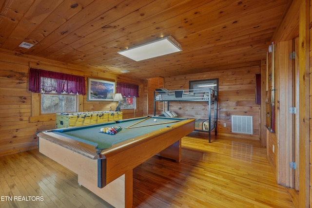 recreation room with pool table, wooden walls, light hardwood / wood-style flooring, and wooden ceiling