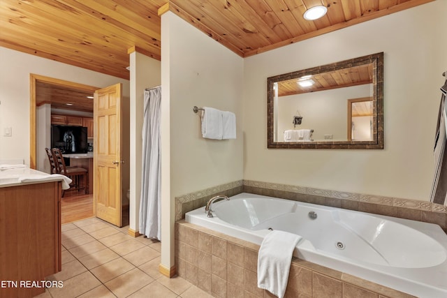 bathroom with wood ceiling, vanity, a relaxing tiled tub, tile patterned flooring, and toilet