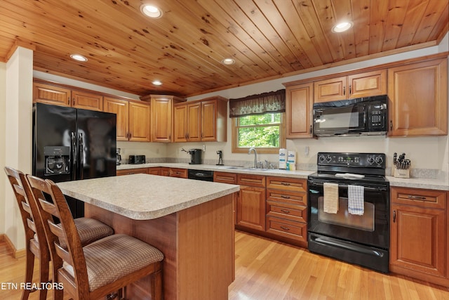 kitchen featuring sink, a center island, wooden ceiling, and black appliances