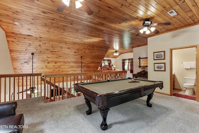 game room with ceiling fan, wooden ceiling, billiards, lofted ceiling, and carpet