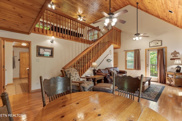 dining area featuring ceiling fan, light wood-type flooring, and high vaulted ceiling