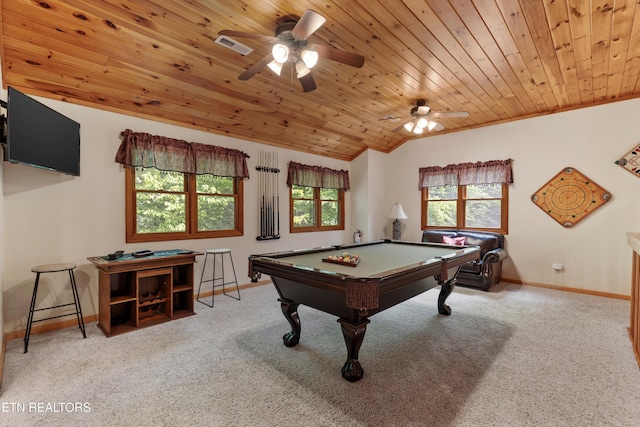 playroom featuring a wealth of natural light, carpet, wood ceiling, and pool table