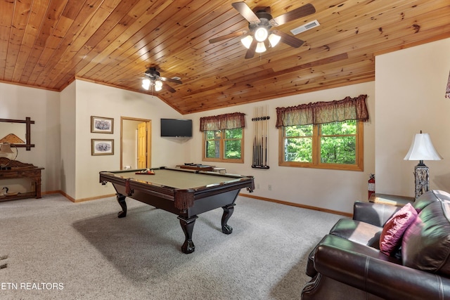 rec room featuring light colored carpet, billiards, ceiling fan, and wood ceiling