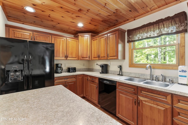 kitchen featuring wood ceiling, sink, and black appliances