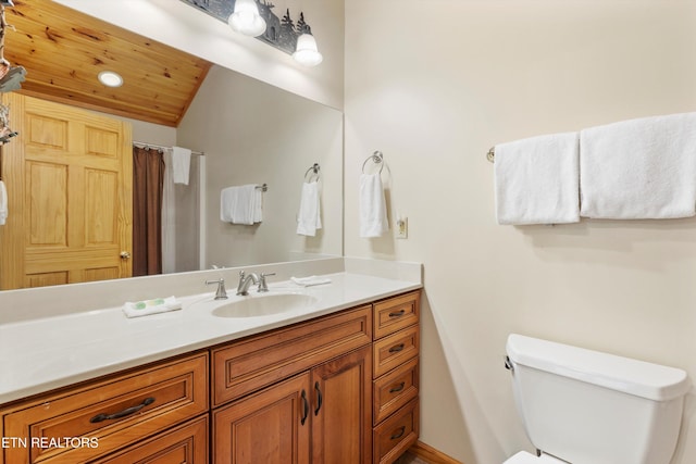 bathroom with a shower with shower curtain, vanity, toilet, and wood ceiling