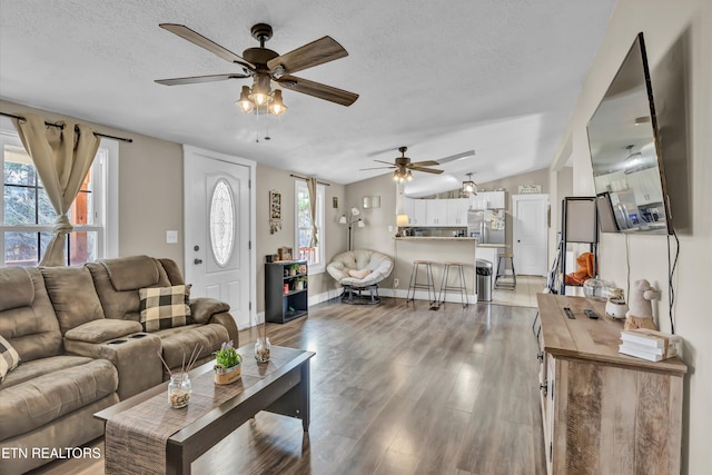 living room featuring wood-type flooring, a healthy amount of sunlight, and a textured ceiling