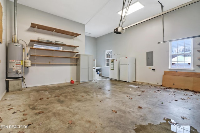 garage with electric panel, a garage door opener, gas water heater, and white refrigerator