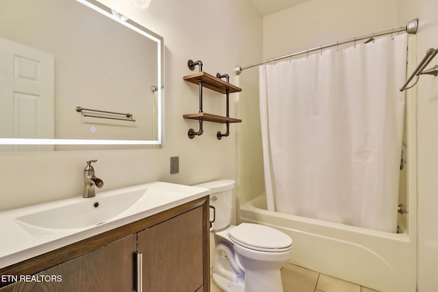 full bathroom featuring tile patterned flooring, vanity, shower / bath combination with curtain, and toilet