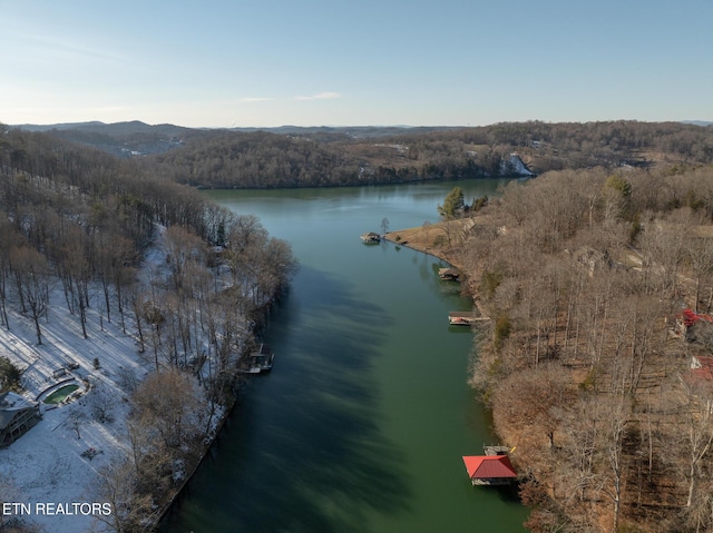 drone / aerial view featuring a water view