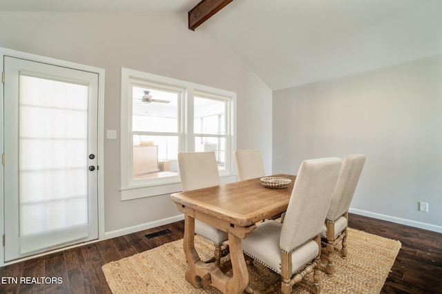 dining area with ceiling fan, dark hardwood / wood-style flooring, and vaulted ceiling with beams