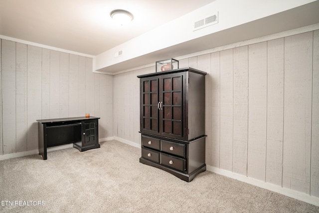 interior space with light colored carpet and wooden walls