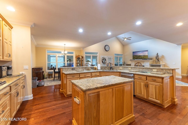 kitchen featuring dark wood finished floors, a sink, an island with sink, and ceiling fan with notable chandelier