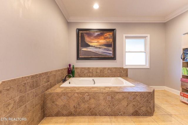 bathroom featuring ornamental molding, tile patterned flooring, and tiled tub