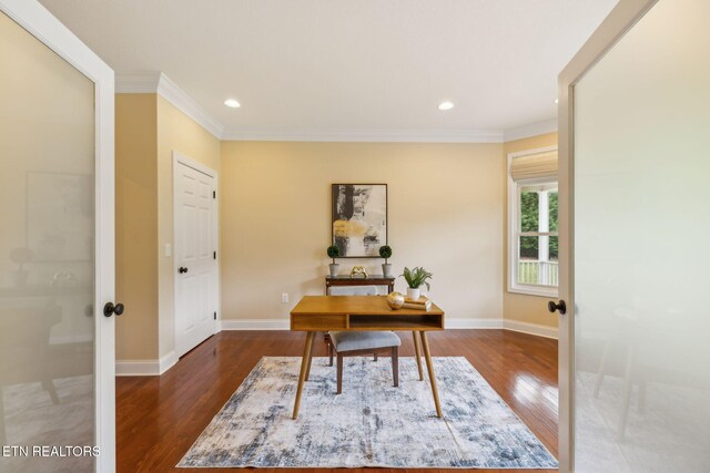 371 Pin Oak Dr, Rockwood, TN 37854 - office area with wood finished floors, ornamental molding, and recessed lighting