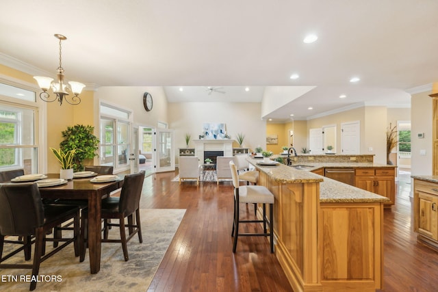 371 Pin Oak Dr, Rockwood, TN 37854 - kitchen featuring open floor plan, a fireplace, plenty of natural light, dark wood finished floors, and ornamental molding