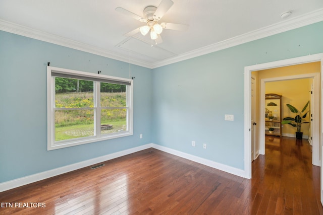 371 Pin Oak Dr, Rockwood, TN 37854 - empty room with attic access, ornamental molding, a ceiling fan, hardwood / wood-style flooring, and a smoke detector