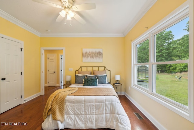 371 Pin Oak Dr, Rockwood, TN 37854 - bedroom featuring crown molding, multiple windows, dark wood-style flooring, and ceiling fan
