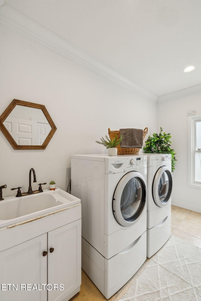 371 Pin Oak Dr, Rockwood, TN 37854 - laundry area featuring washer and clothes dryer, ornamental molding, cabinet space, light tile patterned floors, and recessed lighting
