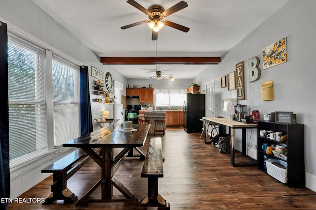 dining area featuring dark wood-type flooring, beam ceiling, and ceiling fan