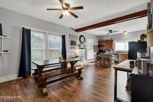 dining area featuring ceiling fan, sink, dark hardwood / wood-style flooring, and a wealth of natural light