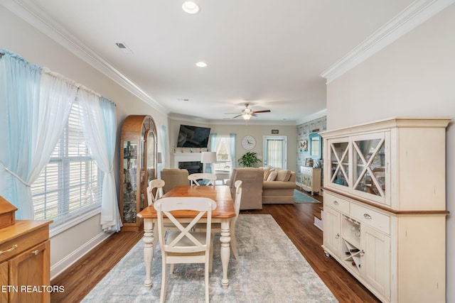 dining space with ceiling fan, ornamental molding, and dark hardwood / wood-style floors